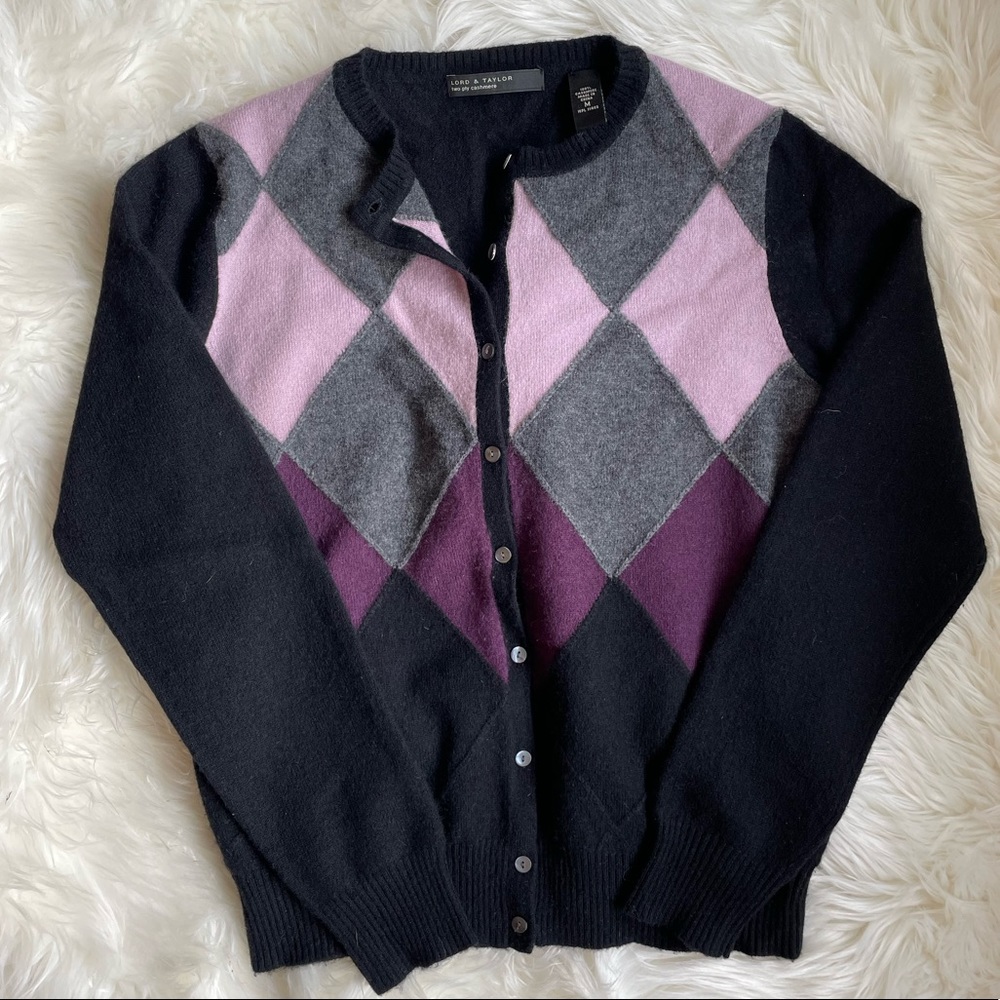 Lord & Taylor Cashmere Argyle Cardigan Sweater Black Grey Purple Size Medium
